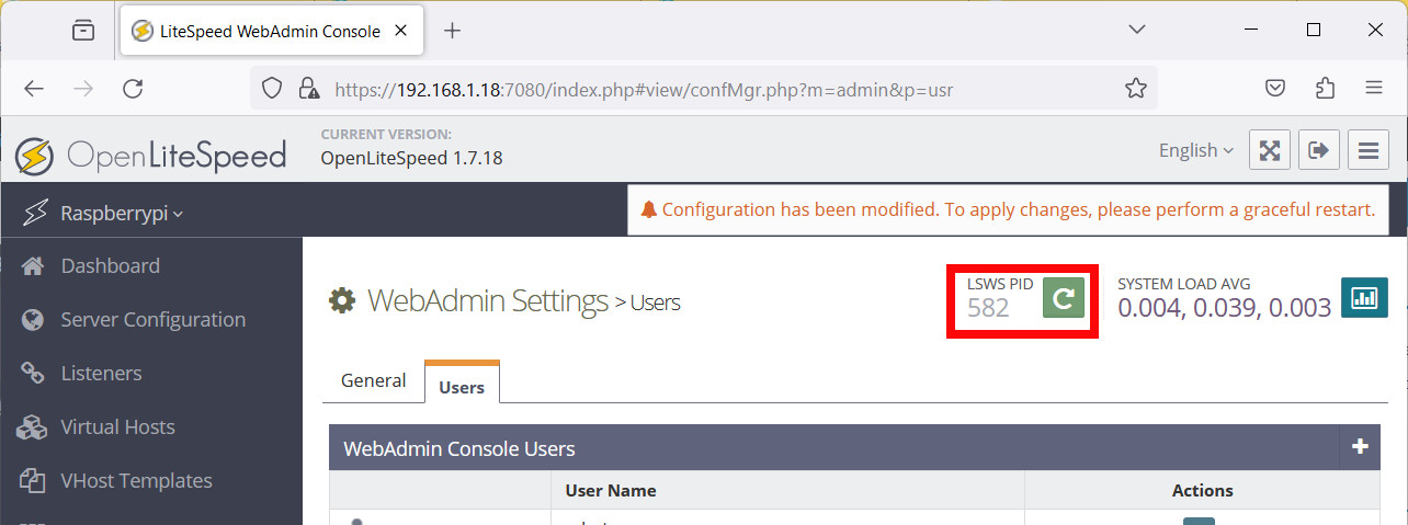 openlitespeed-raspberry-pi-console-user-graceful-restart-button