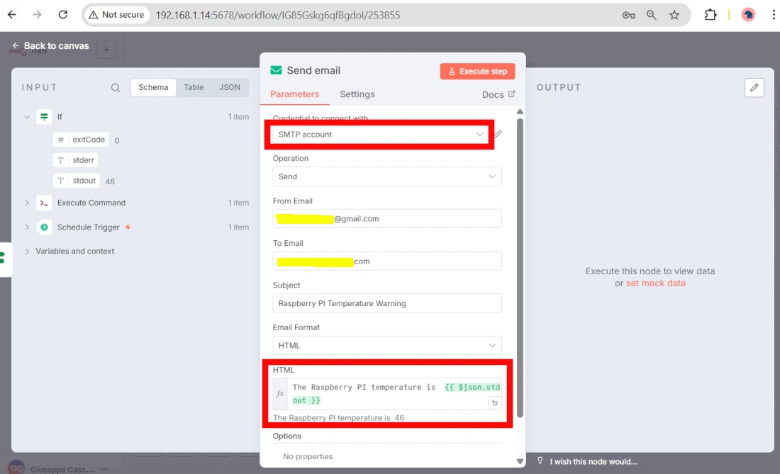 n8n-raspberry-pi-send-email-node-settings