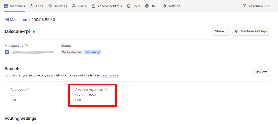 tailscale-raspberry-pi-subnet-awaiting-approval