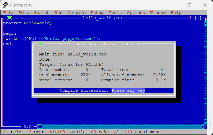 free-pascal-raspberry-pi-ide-hello-world-compile-successful