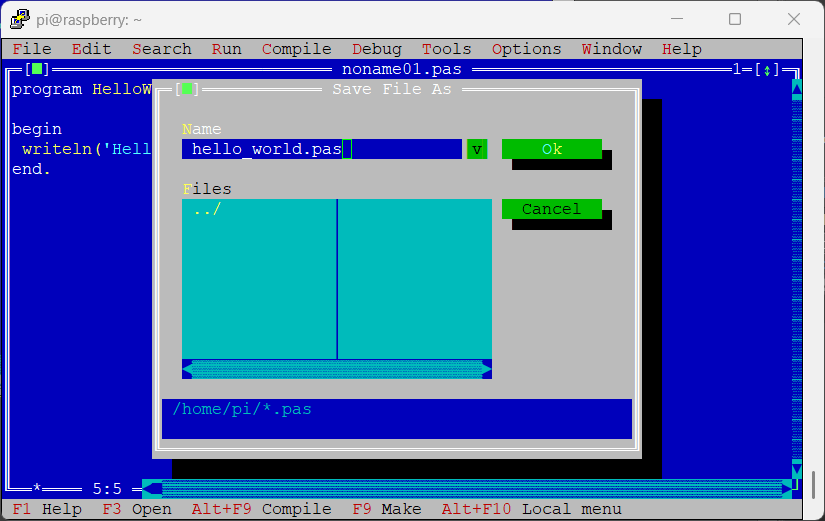 free-pascal-raspberry-pi-ide-save-as-hello-world