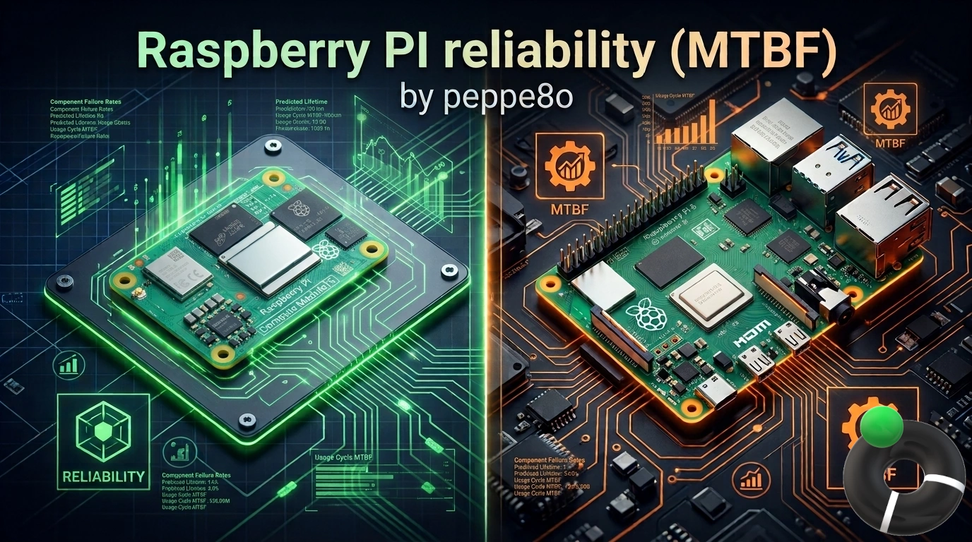 A split-screen graphic comparing a Raspberry Pi Compute Module 5 with green accents on the left and a Raspberry Pi 5 single-board computer with orange accents on the right, set against a dark circuit board background for a hardware reliability and MTBF article by peppe8o